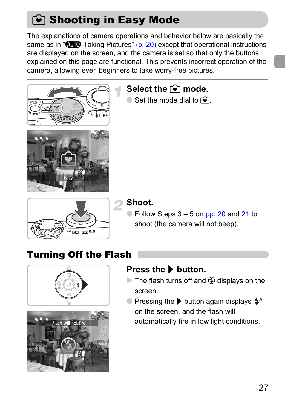 Shooting in easy mode, 9 shooting in easy mode, Turning off the flash | Canon A1100 IS User Manual | Page 27 / 131
