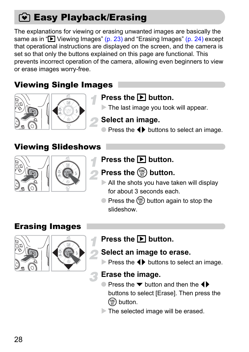 Easy playback/erasing, 9 easy playback/erasing, Viewing single images | Viewing slideshows, Erasing images | Canon A1100 IS User Manual | Page 28 / 131