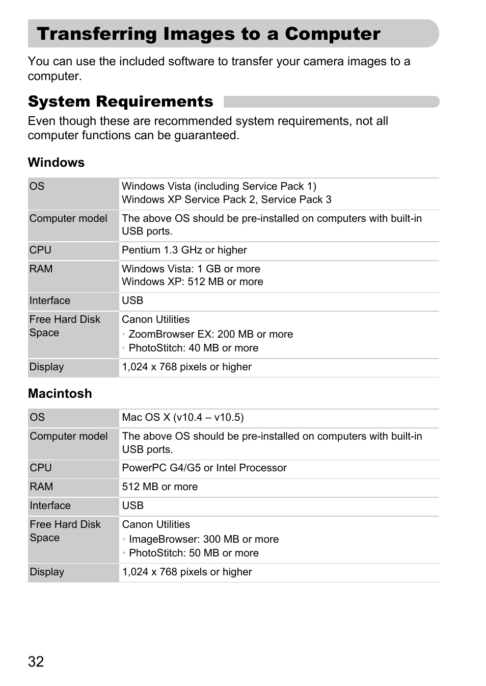 Transferring images to a computer, System requirements | Canon A1100 IS User Manual | Page 32 / 131