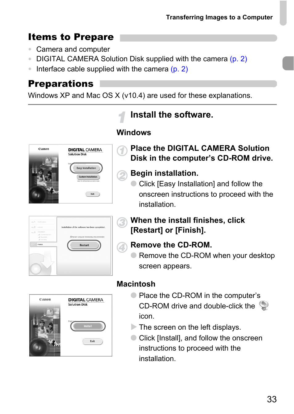 Items to prepare, Preparations, Install the software | Canon A1100 IS User Manual | Page 33 / 131