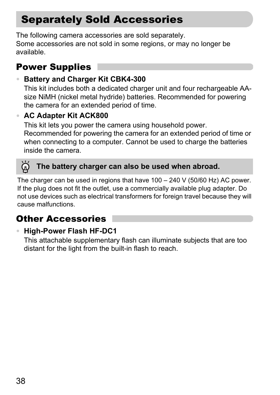 Separately sold accessories, Power supplies, Other accessories | Canon A1100 IS User Manual | Page 38 / 131