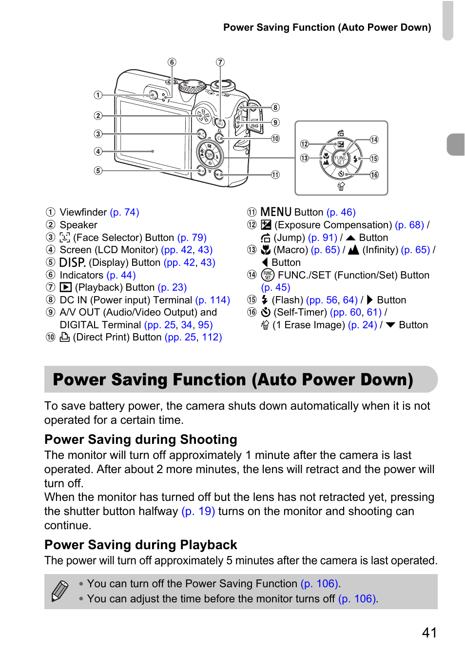 Power saving function (auto power down), Power saving during shooting, Power saving during playback | Canon A1100 IS User Manual | Page 41 / 131