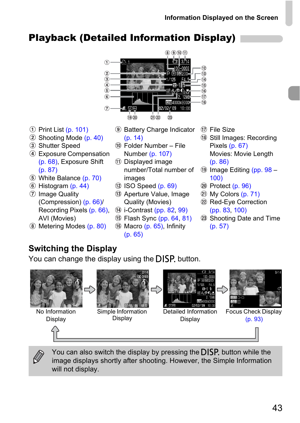 Playback (detailed information display), Switching the display | Canon A1100 IS User Manual | Page 43 / 131