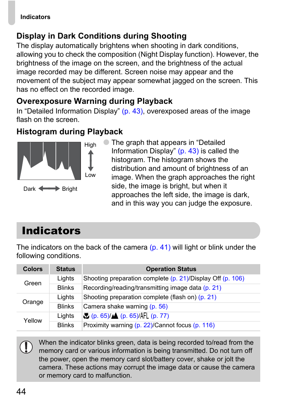 Indicators, P. 44), Display in dark conditions during shooting | Overexposure warning during playback, Histogram during playback | Canon A1100 IS User Manual | Page 44 / 131