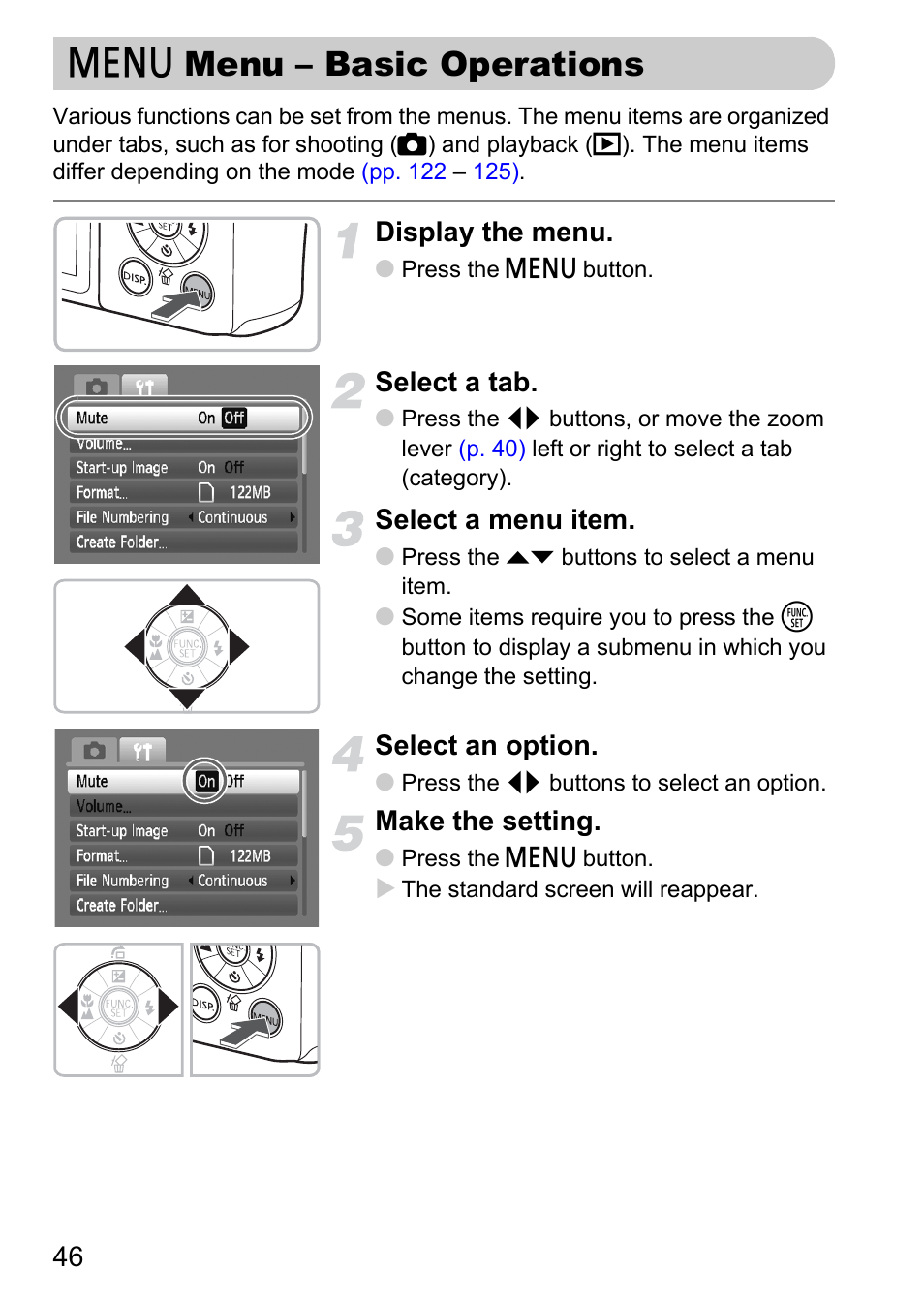 Menu - basic operations, N menu – basic operations, P. 46) | Display the menu, Select a tab, Select a menu item, Select an option, Make the setting | Canon A1100 IS User Manual | Page 46 / 131