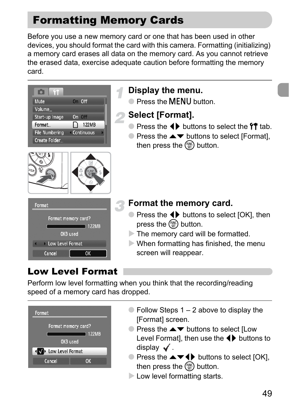 Formatting memory cards, Low level format, Display the menu | Select [format | Canon A1100 IS User Manual | Page 49 / 131