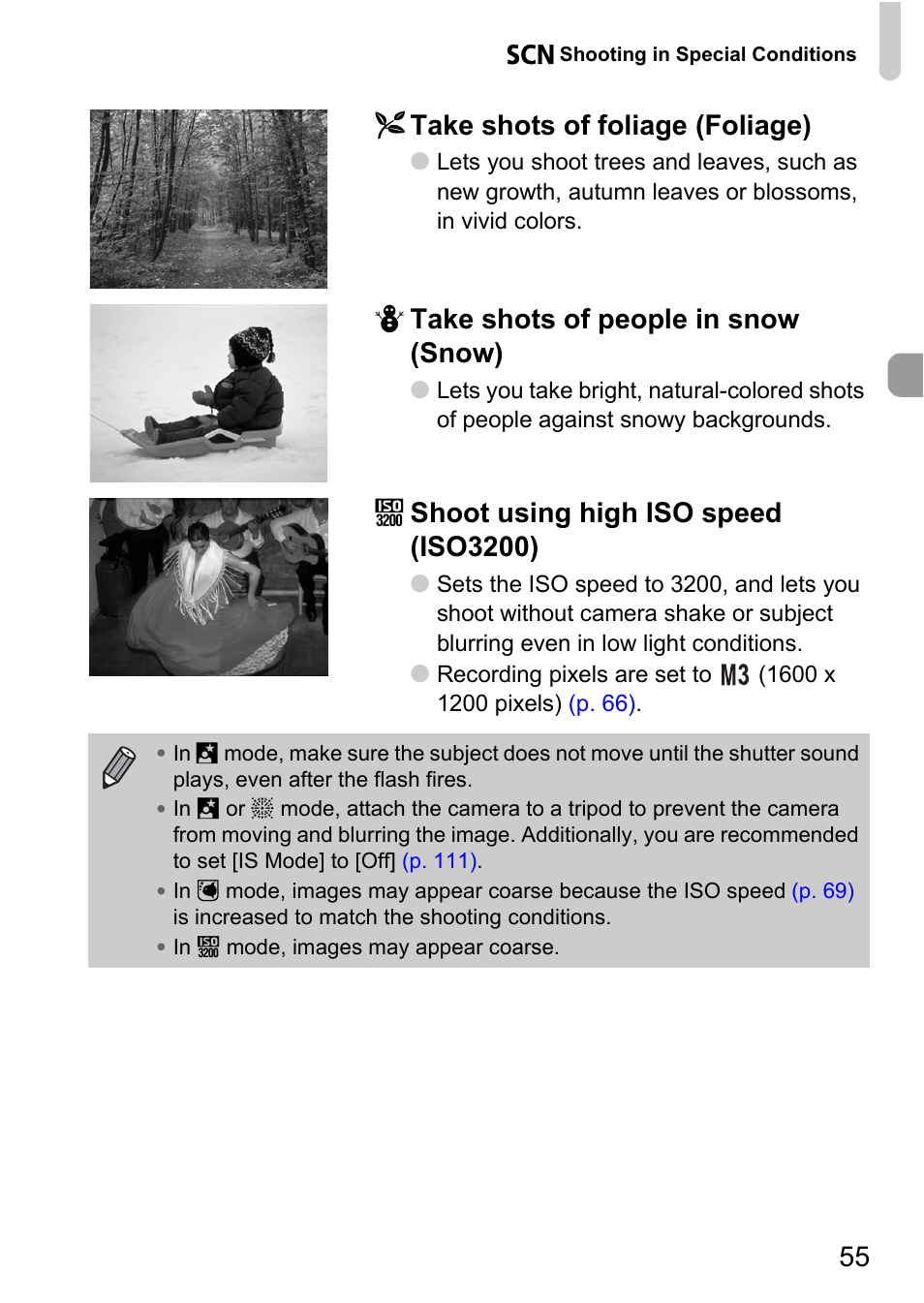 P. 55), 55 o take shots of foliage (foliage), P take shots of people in snow (snow) | Z shoot using high iso speed (iso3200) | Canon A1100 IS User Manual | Page 55 / 131