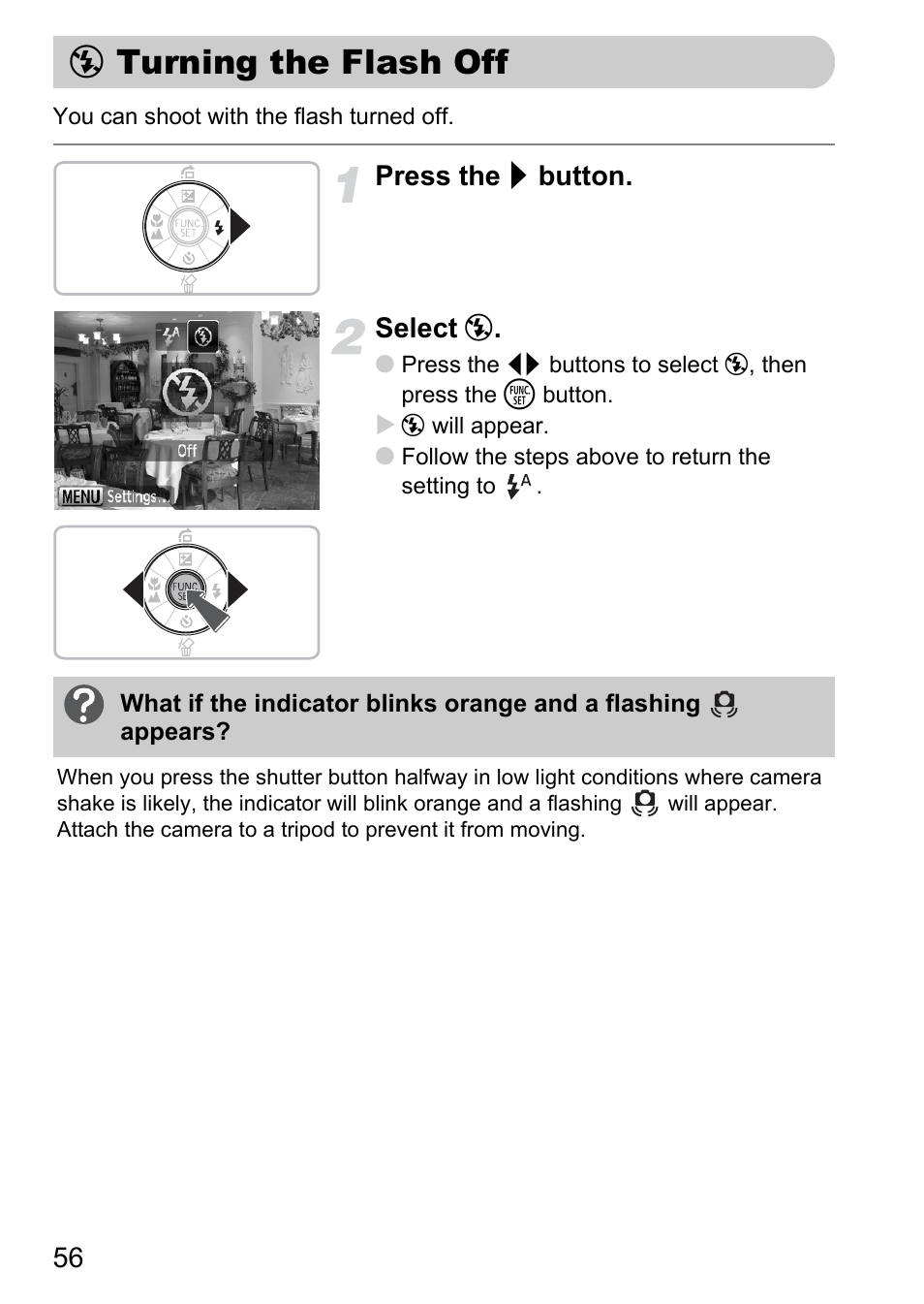 Turning the flash off, P. 56), Pp. 56 | Warning, Press the r button. select | Canon A1100 IS User Manual | Page 56 / 131