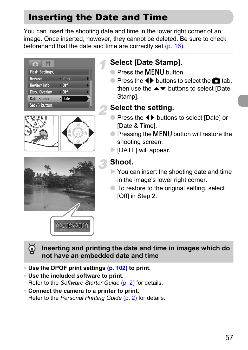 Inserting the date and time, P. 57), Select [date stamp | Select the setting, Shoot | Canon A1100 IS User Manual | Page 57 / 131