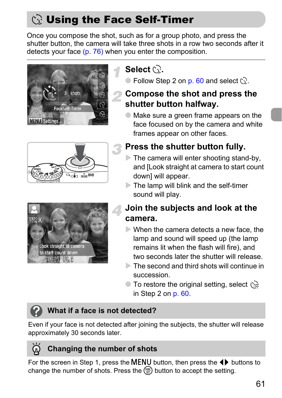 Using the face self-timer, P. 61), Select | Press the shutter button fully, Join the subjects and look at the camera | Canon A1100 IS User Manual | Page 61 / 131