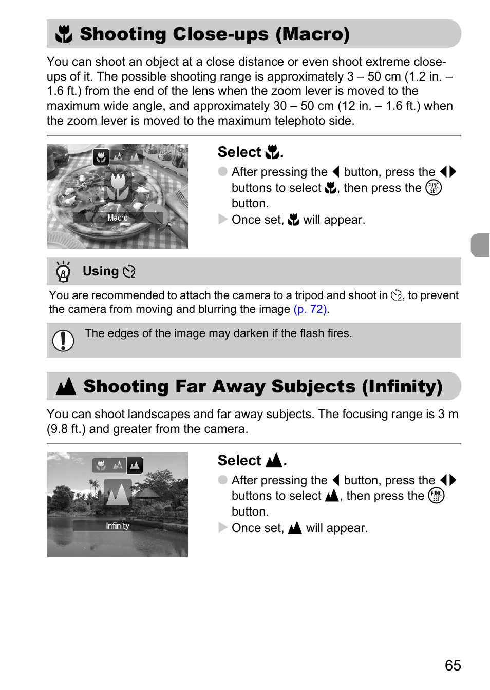 Shooting close-ups (macro), Shooting far away subjects (infinity), Infinity) | Macro), P. 65), Macro, Infinity, E shooting close-ups (macro), U shooting far away subjects (infinity), Select e | Canon A1100 IS User Manual | Page 65 / 131