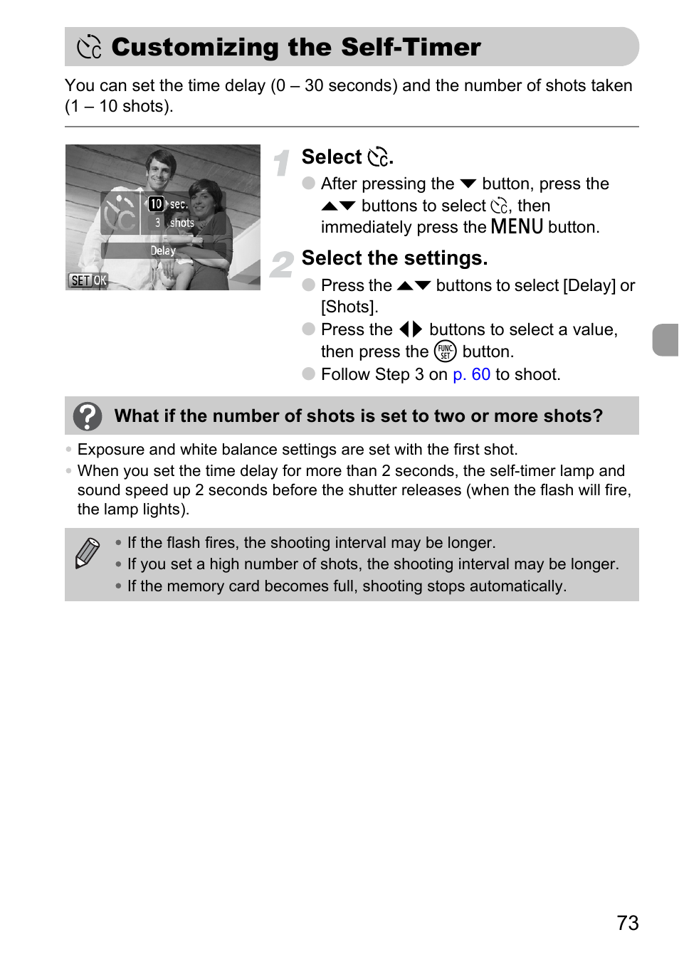 Customizing the self-timer, Select, Select the settings | Canon A1100 IS User Manual | Page 73 / 131