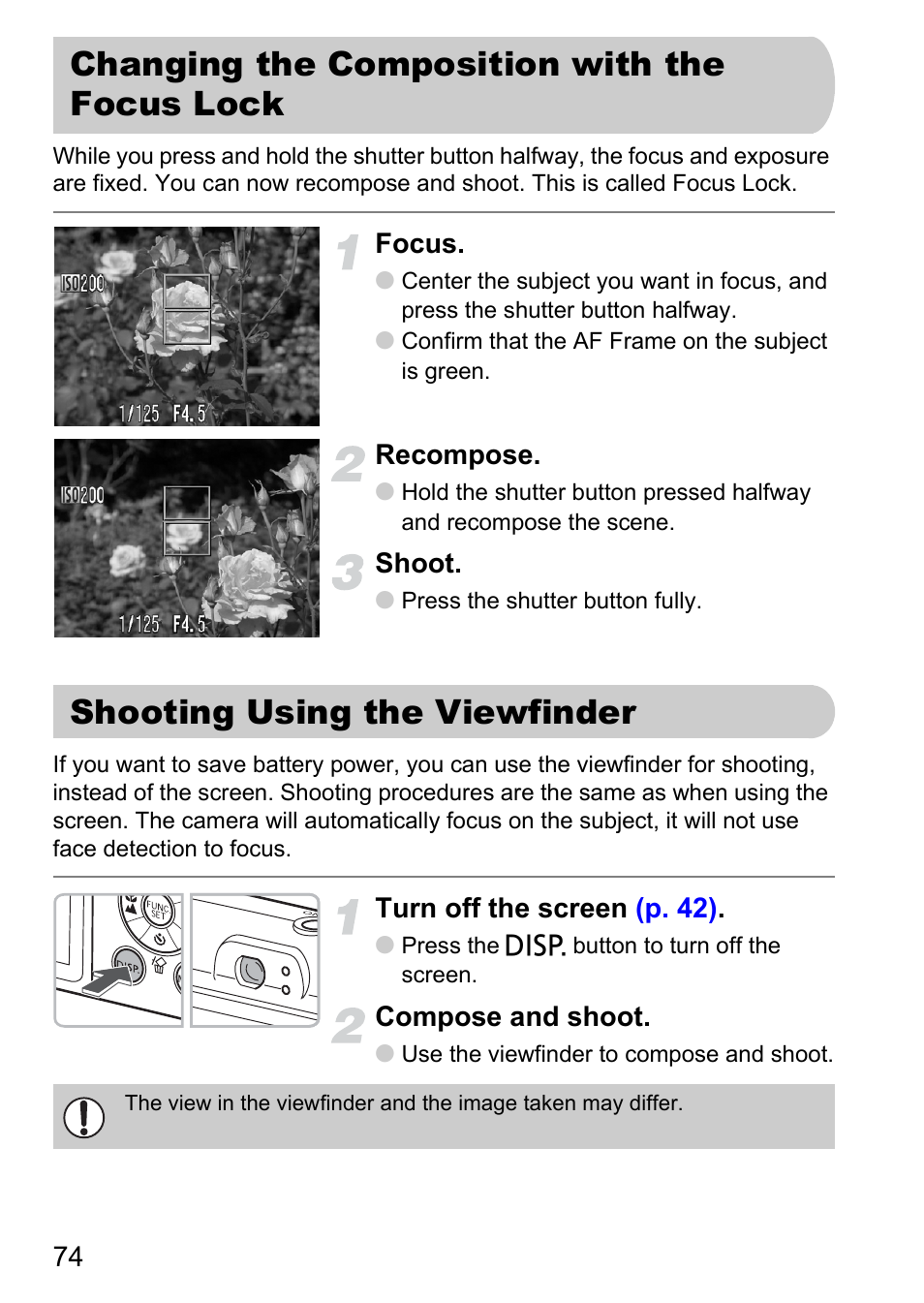 Changing the composition with the focus lock, Shooting using the viewfinder, P. 74) | Canon A1100 IS User Manual | Page 74 / 131