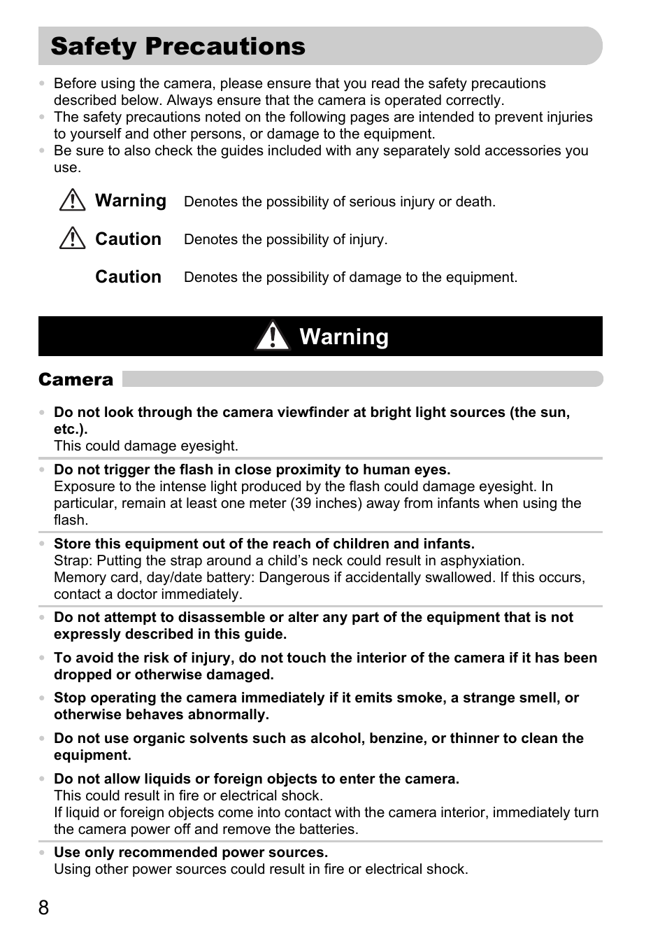 Safety precautions, Warning | Canon A1100 IS User Manual | Page 8 / 131