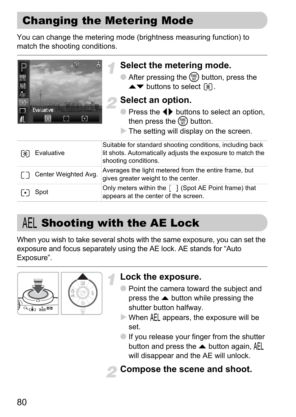 Changing the metering mode, Shooting with the ae lock, P. 80) | Pp. 80, Select the metering mode, Select an option, Lock the exposure, Compose the scene and shoot | Canon A1100 IS User Manual | Page 80 / 131