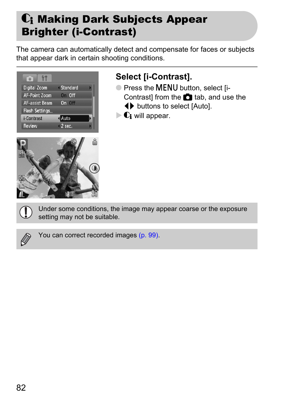 Making dark subjects appear brighter (i-contrast), P. 82), Pp. 82 | Select [i-contrast | Canon A1100 IS User Manual | Page 82 / 131