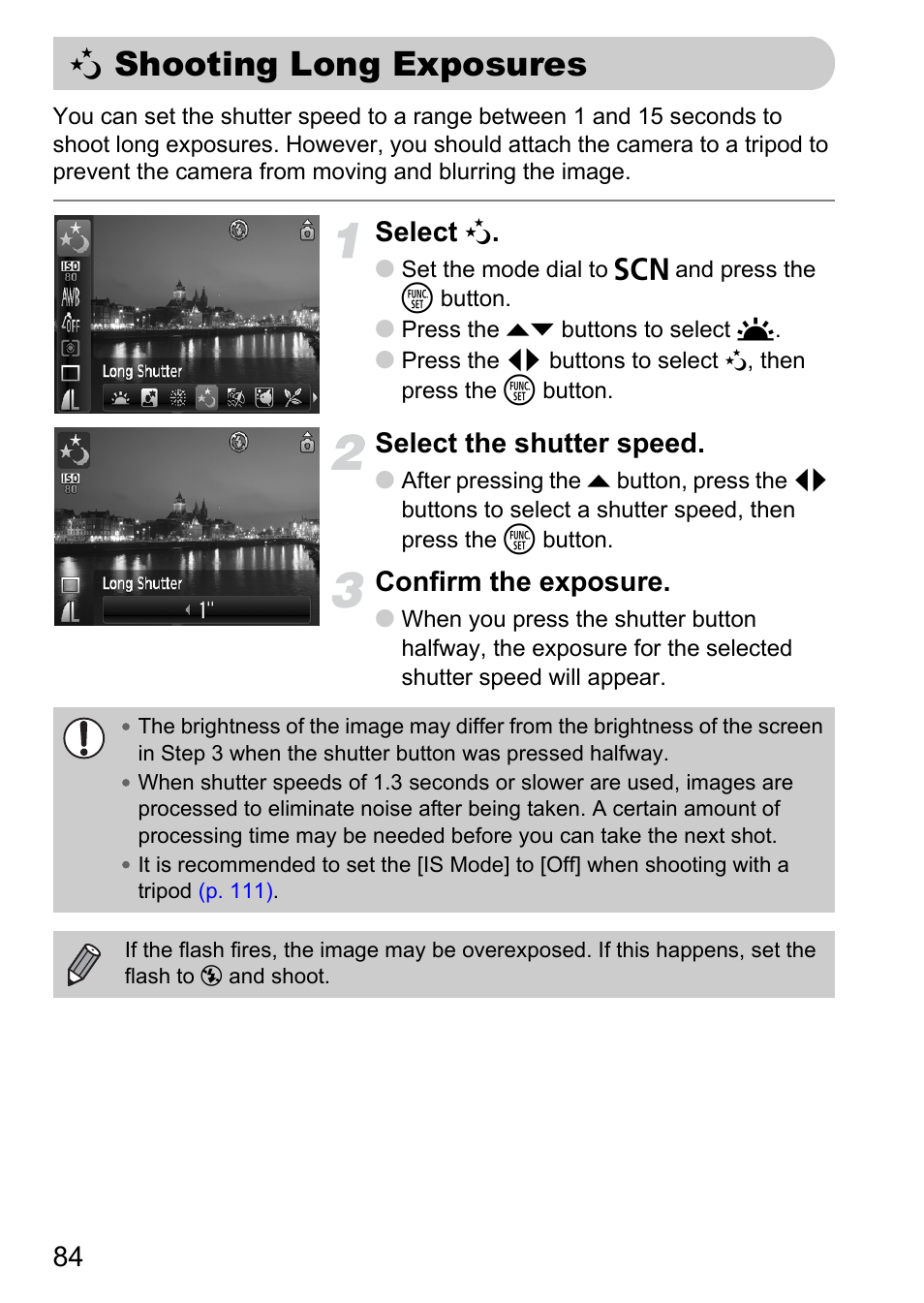 Shooting long exposures, P. 84), Select | Select the shutter speed, Confirm the exposure | Canon A1100 IS User Manual | Page 84 / 131