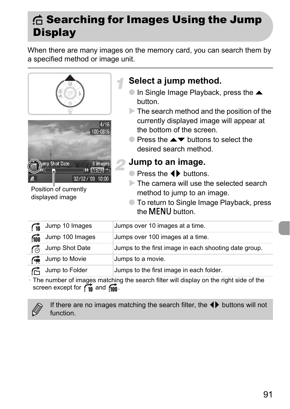 Searching for images using the jump display, D searching for images using the, Jump display | Jump), P. 91), D searching for images using the jump display, Select a jump method, Jump to an image | Canon A1100 IS User Manual | Page 91 / 131