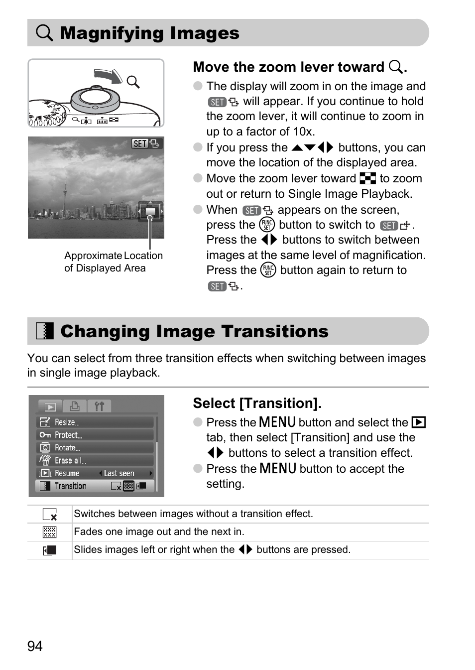 Magnifying images, Changing image transitions, K magnifying images + changing image transitions | Magnify), P. 94), K magnifying images, 94 move the zoom lever toward k, Select [transition | Canon A1100 IS User Manual | Page 94 / 131