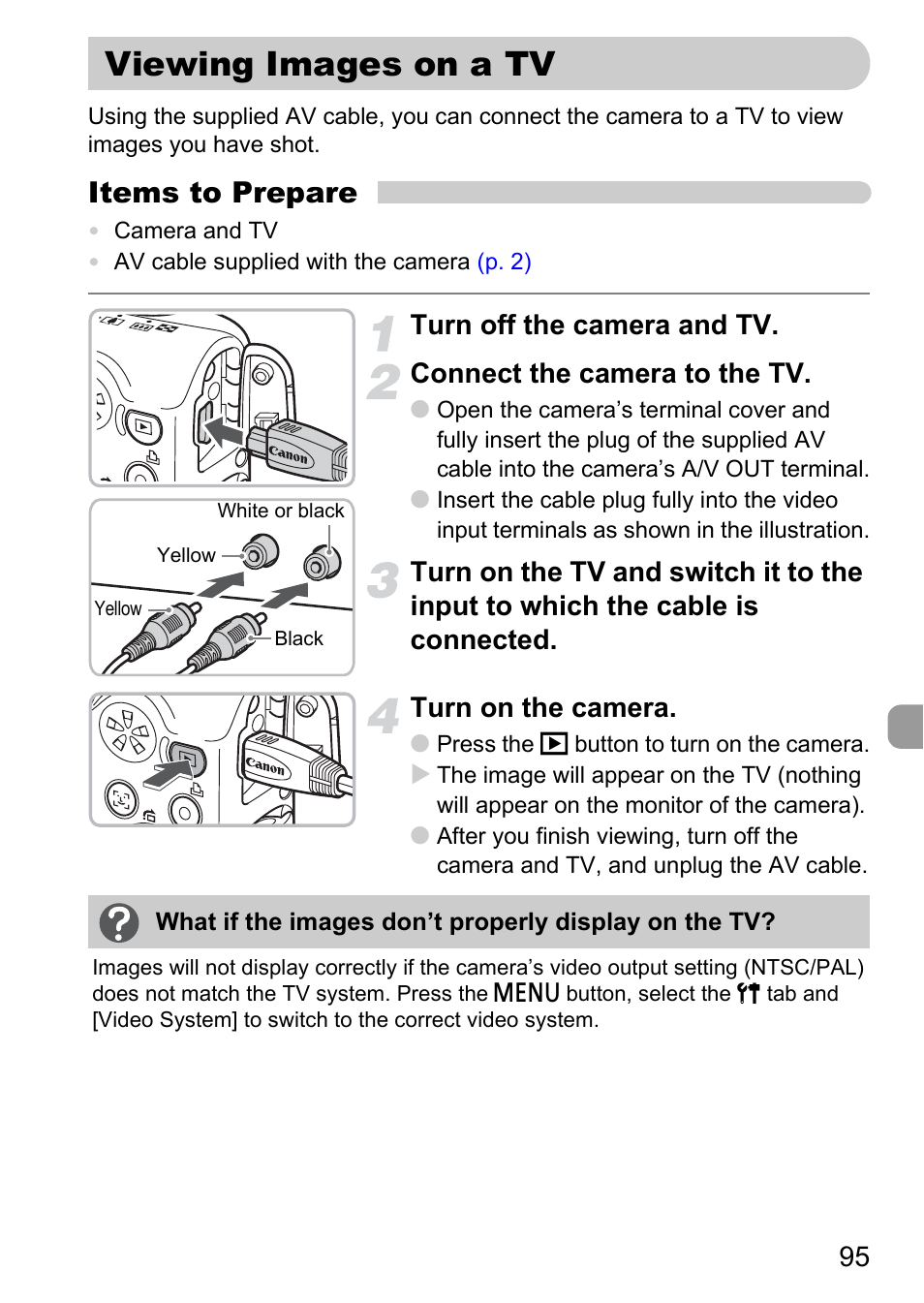 Viewing images on a tv, P. 95), Items to prepare | Canon A1100 IS User Manual | Page 95 / 131