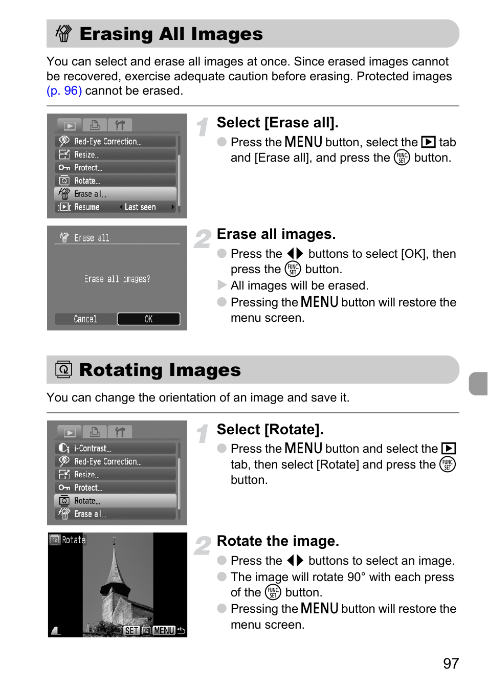 Erasing all images, Rotating images, Erasing all images \ rotating images | P. 97), Select [erase all, Erase all images, Select [rotate, Rotate the image | Canon A1100 IS User Manual | Page 97 / 131