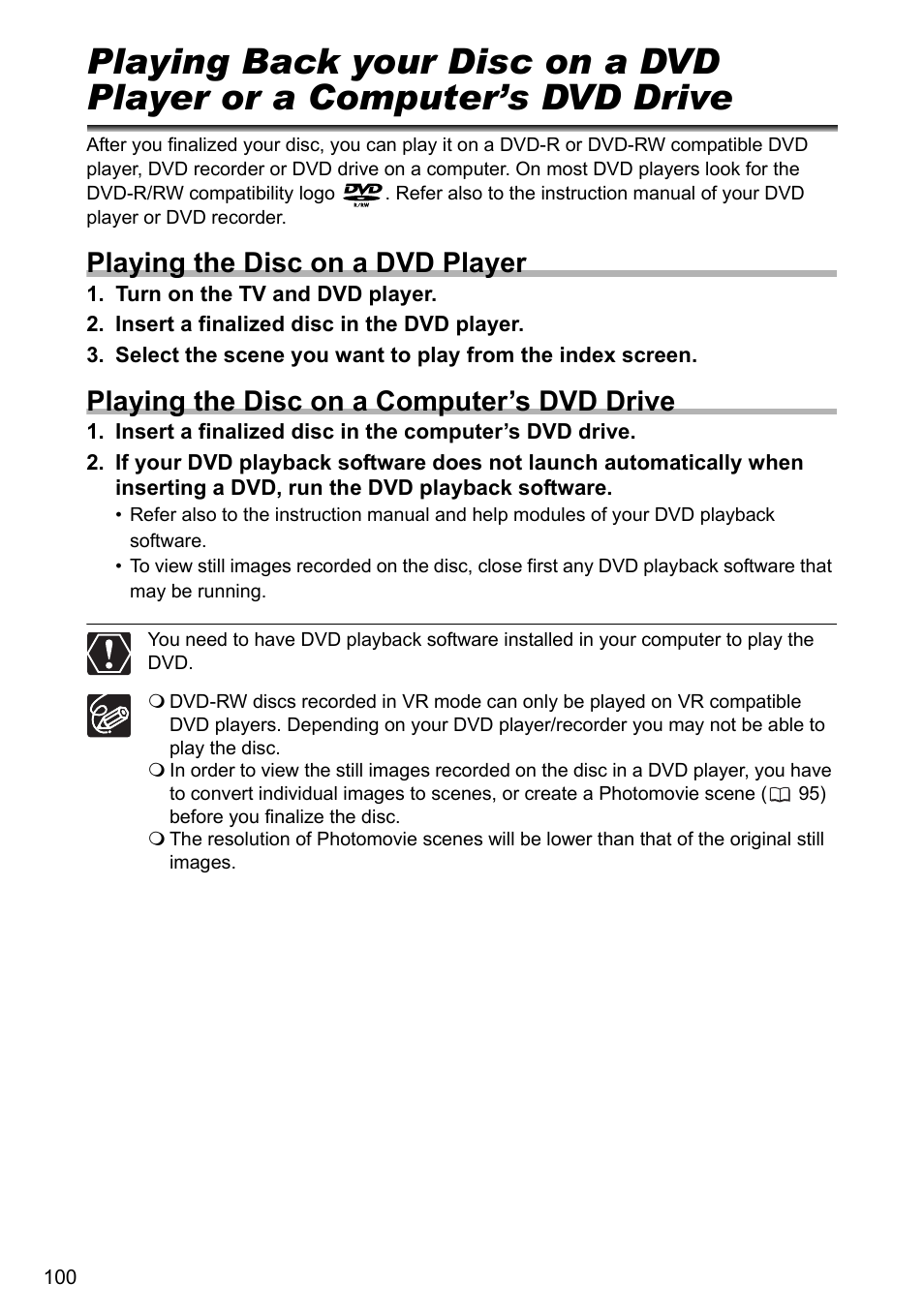 Playing the disc on a dvd player, Playing the disc on a computer’s dvd drive | Canon DC40 User Manual | Page 100 / 144