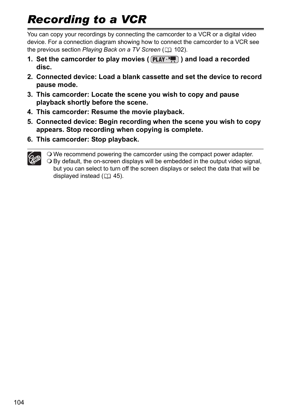 Recording to a vcr | Canon DC40 User Manual | Page 104 / 144