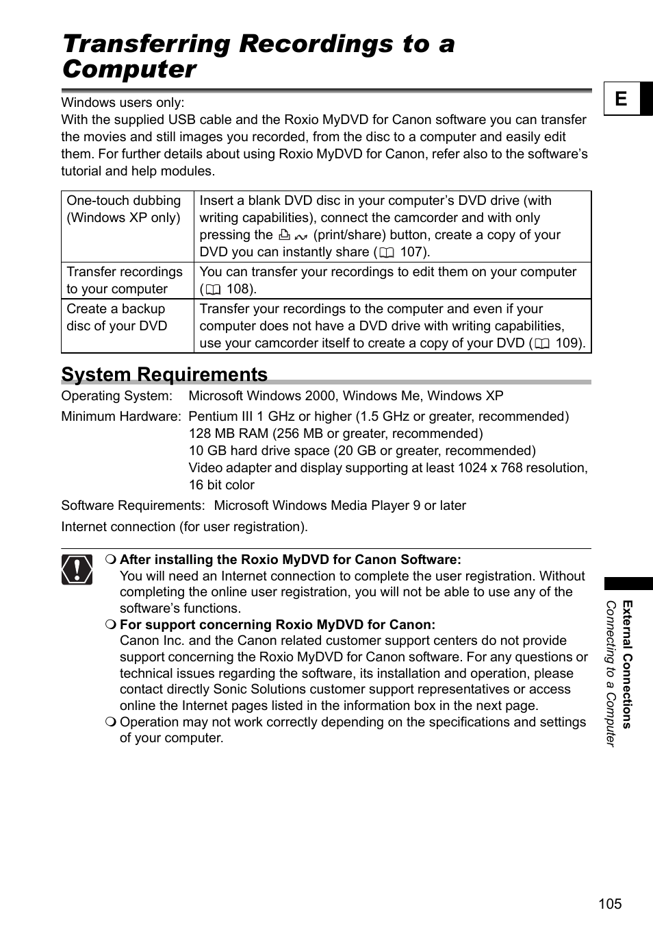 Connecting to a computer, Transferring recordings to a computer, Roxio mydvd for canon | System requirements | Canon DC40 User Manual | Page 105 / 144