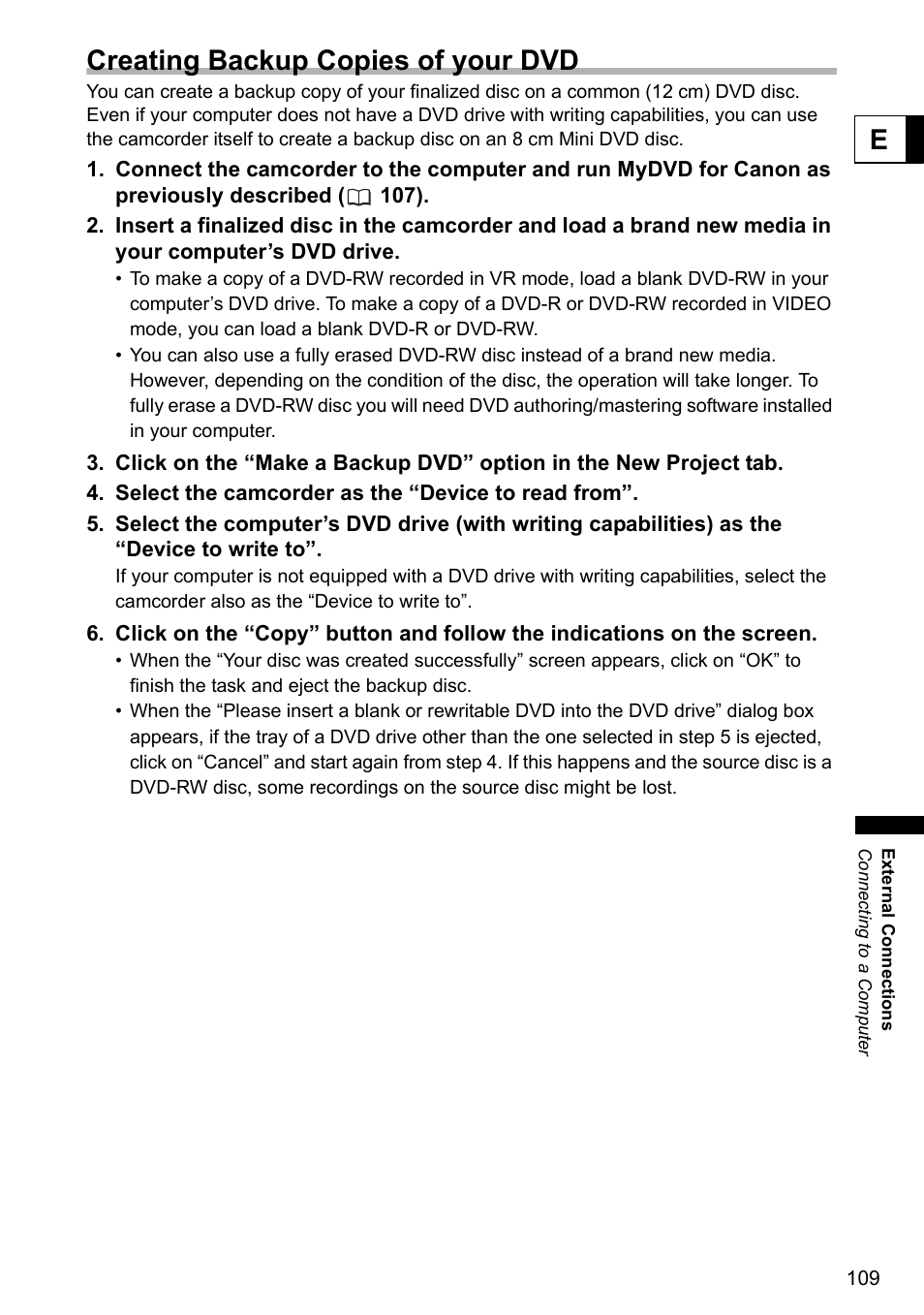 Ecreating backup copies of your dvd | Canon DC40 User Manual | Page 109 / 144