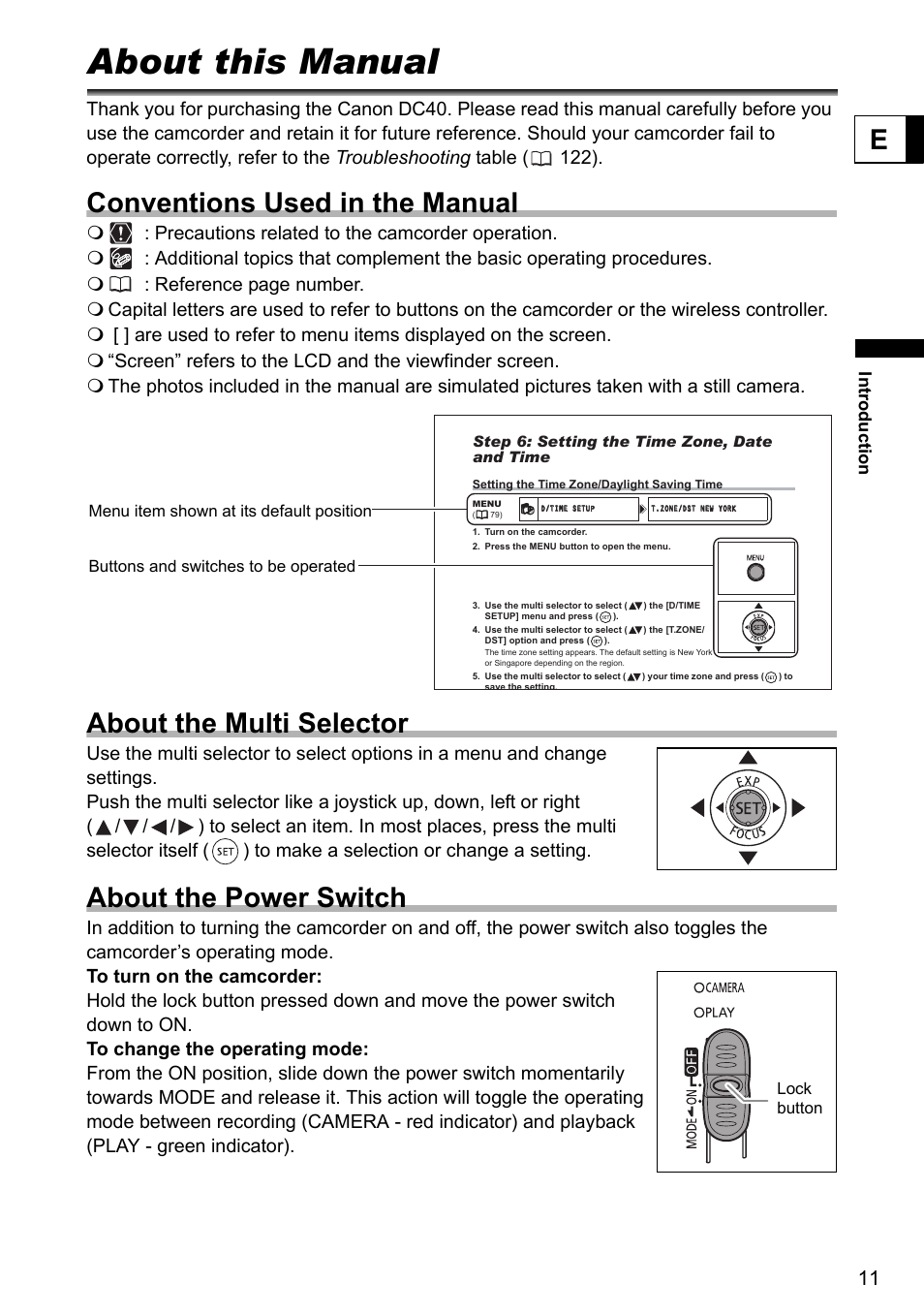 About this manual, Conventions used in the manual, About the multi selector | About the power switch | Canon DC40 User Manual | Page 11 / 144