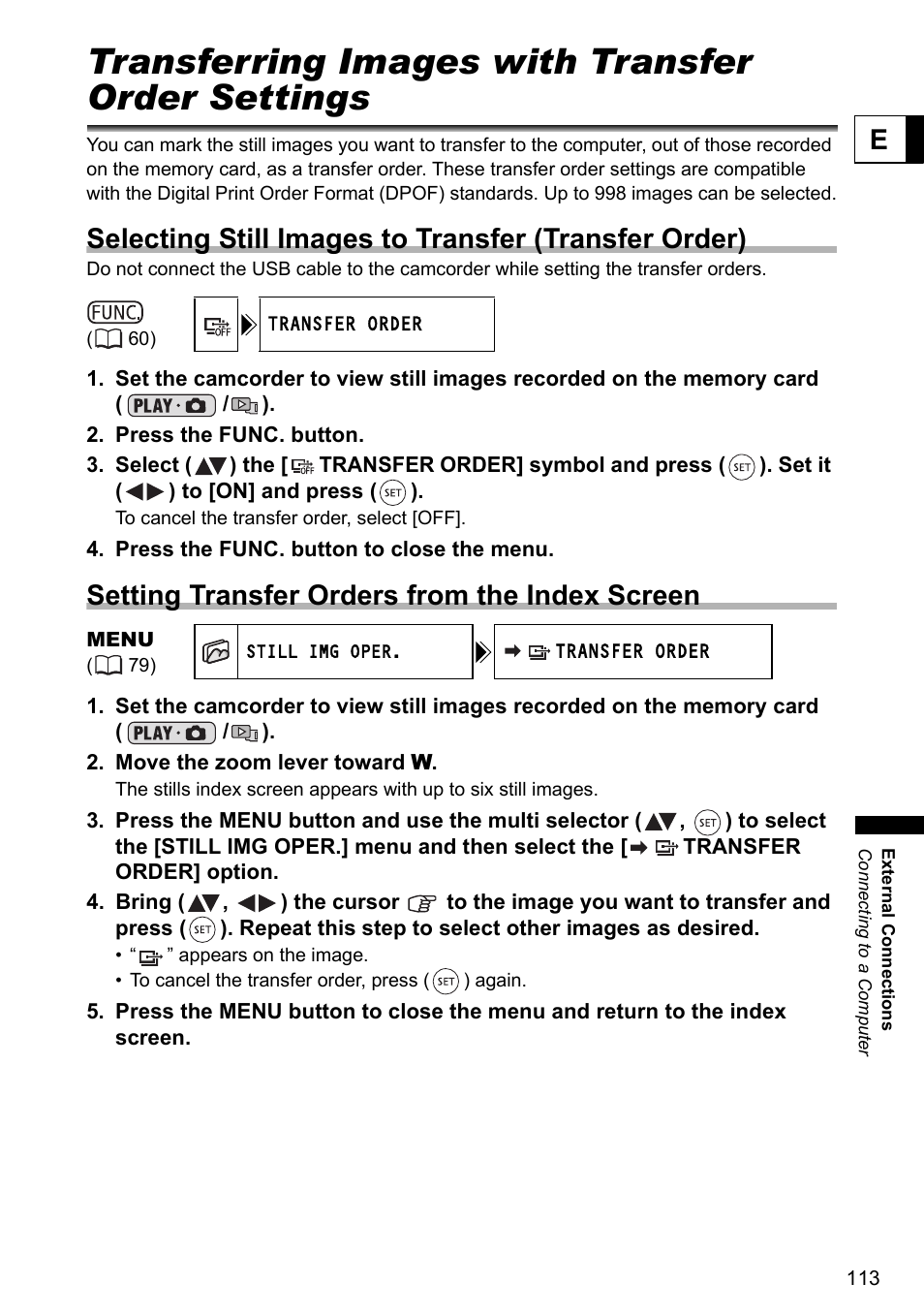 Transferring images with transfer order settings, Setting transfer orders from the index screen | Canon DC40 User Manual | Page 113 / 144