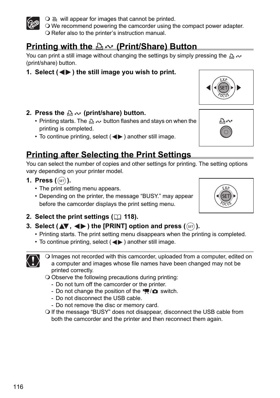 Printing with the (print/share) button, Printing after selecting the print settings | Canon DC40 User Manual | Page 116 / 144