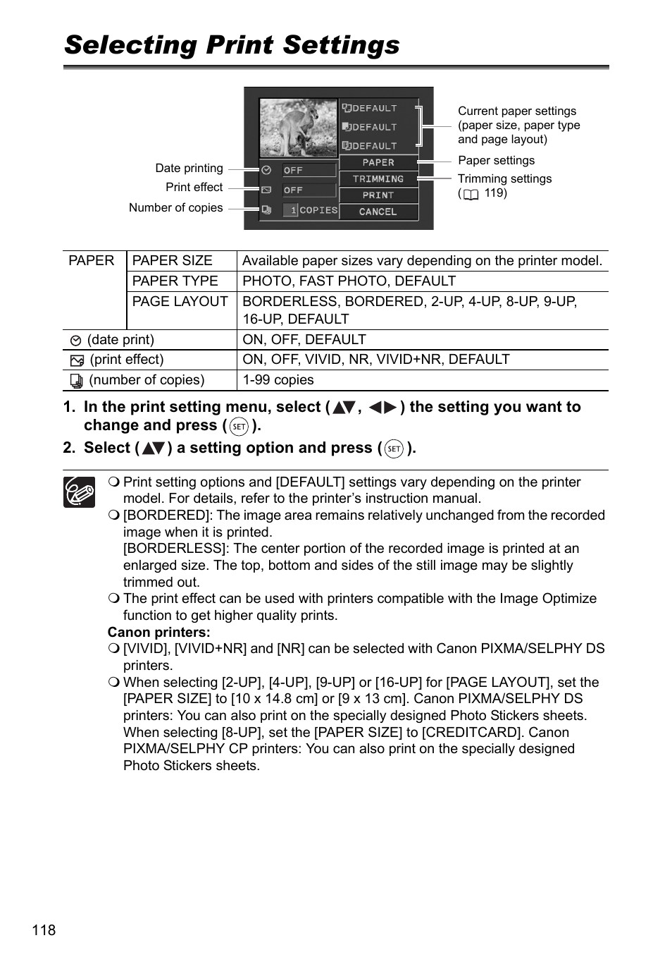 Selecting print settings | Canon DC40 User Manual | Page 118 / 144