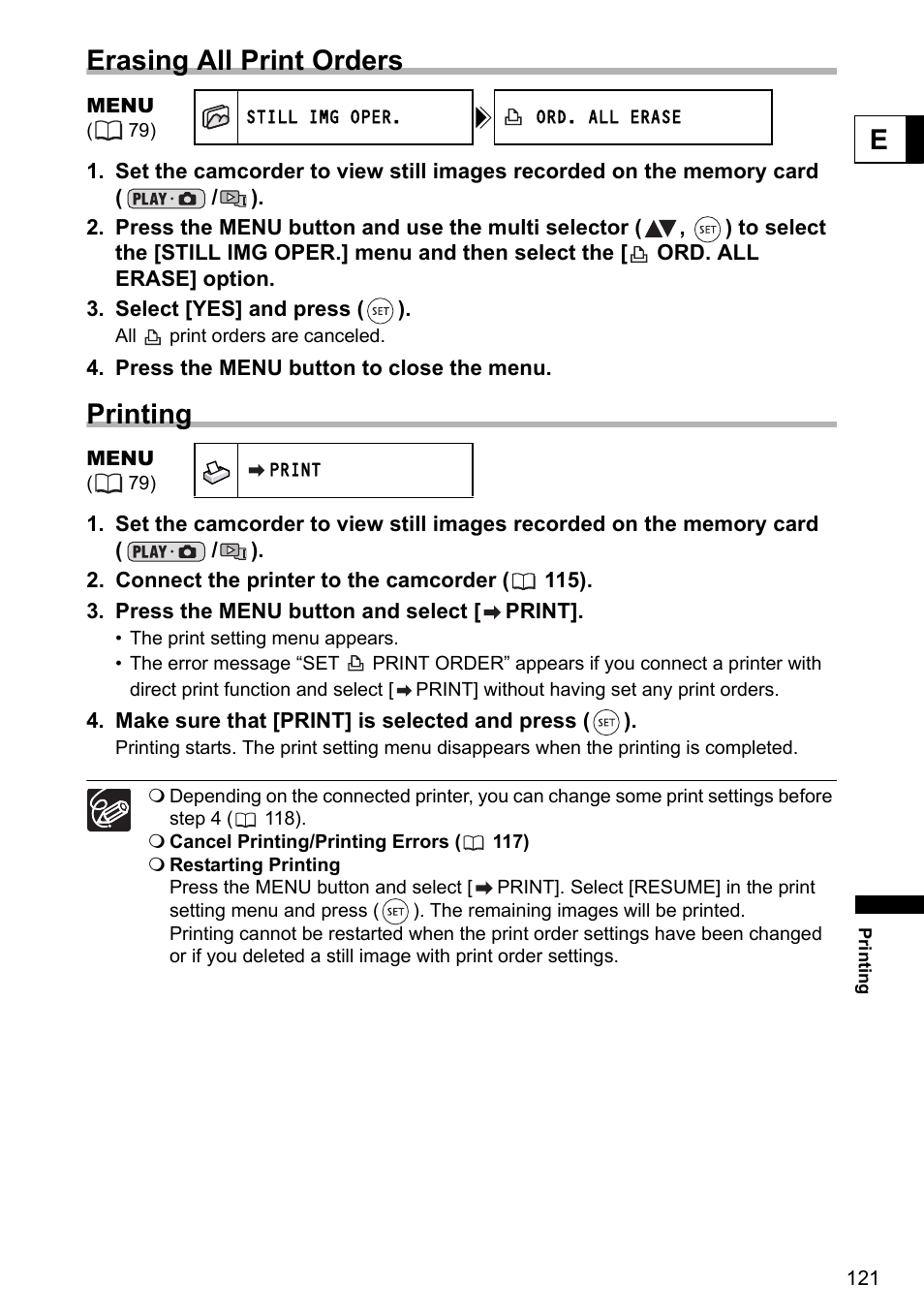 Eerasing all print orders, Printing | Canon DC40 User Manual | Page 121 / 144