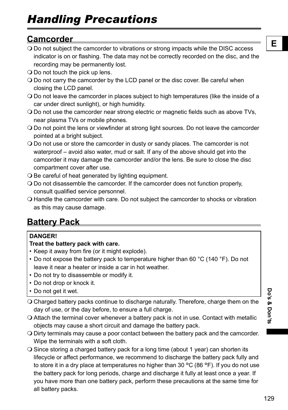 Do’s & don’ts, Handling precautions, Camcorder | Battery pack | Canon DC40 User Manual | Page 129 / 144