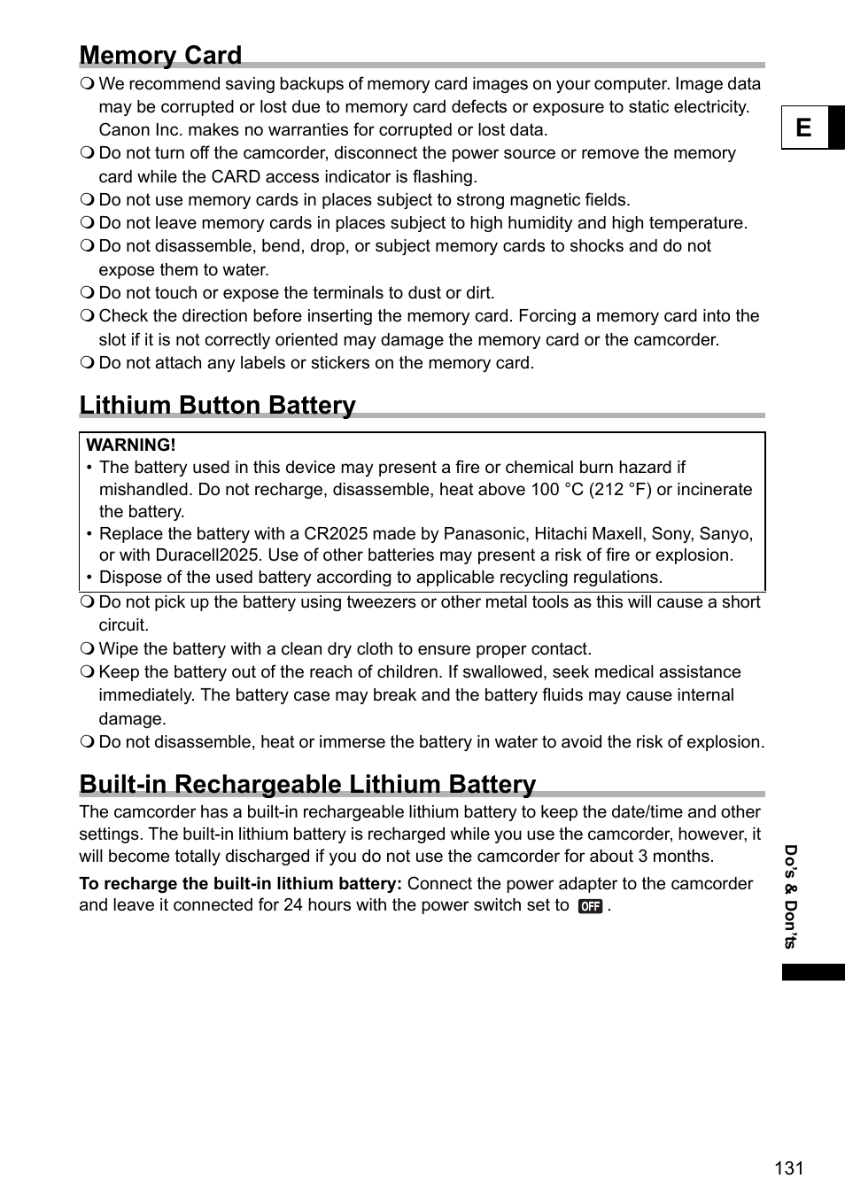 Lithium button battery, Built-in rechargeable lithium battery | Canon DC40 User Manual | Page 131 / 144