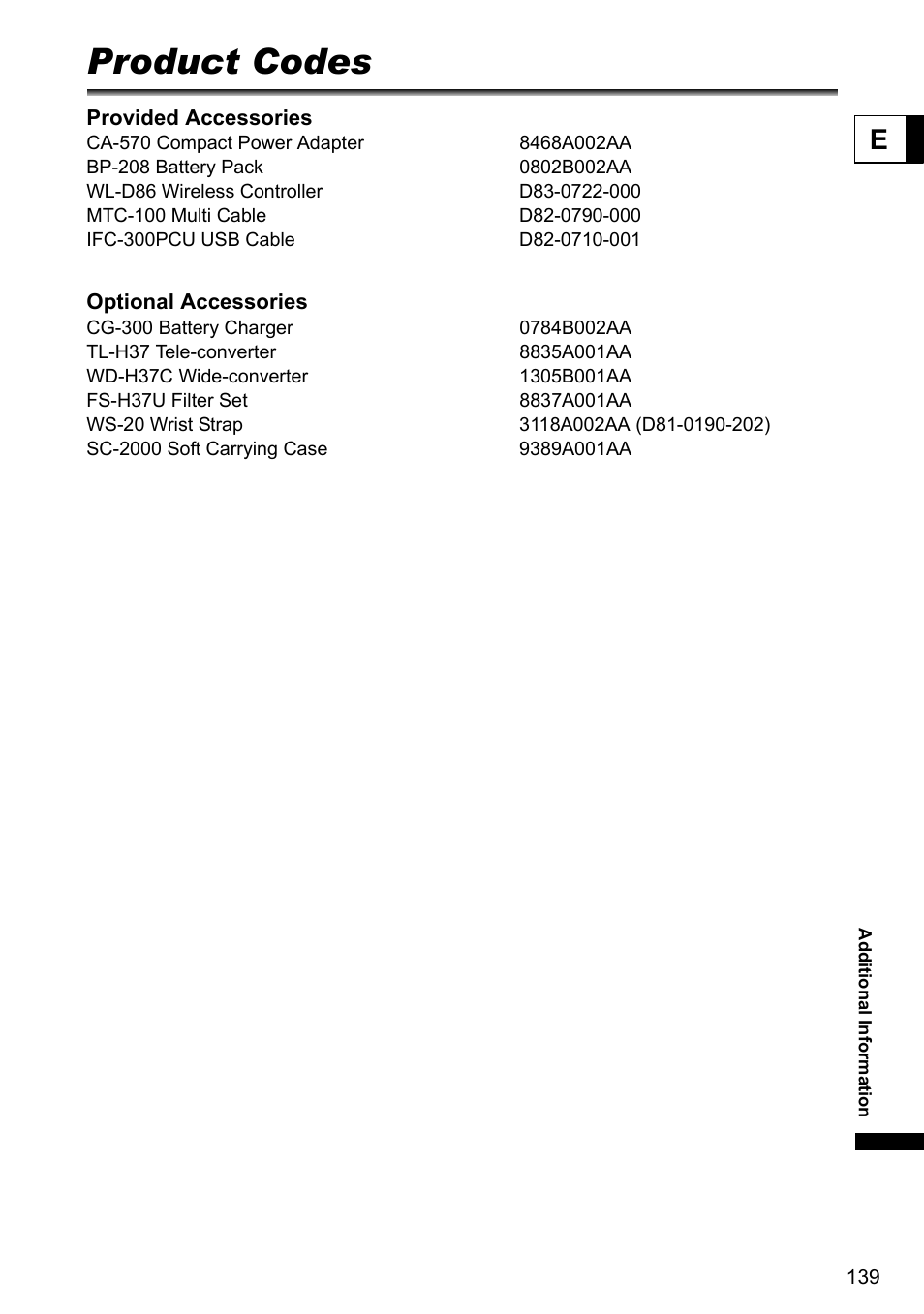 Product codes | Canon DC40 User Manual | Page 139 / 144