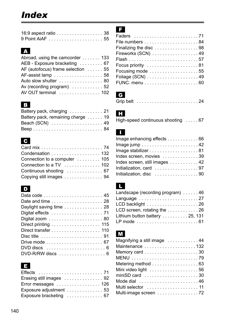 Index | Canon DC40 User Manual | Page 140 / 144