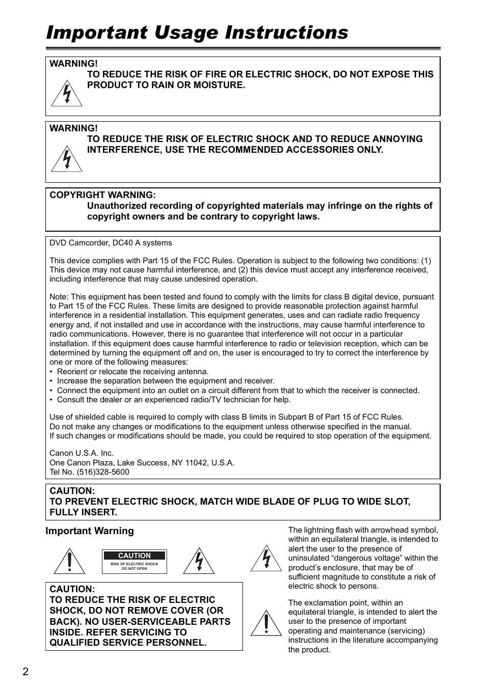 Introduction, Important usage instructions | Canon DC40 User Manual | Page 2 / 144