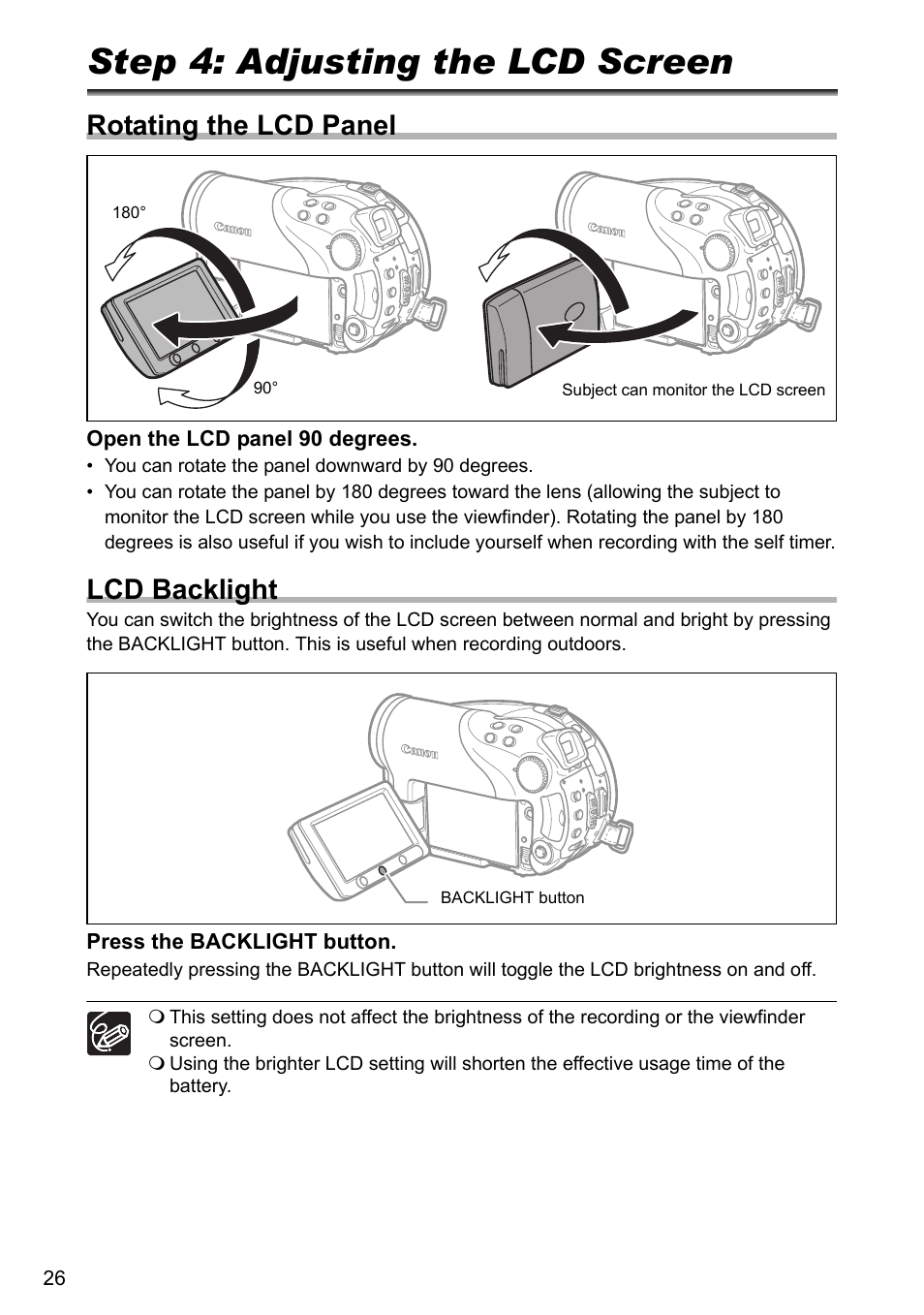 Step 4: adjusting the lcd screen, Rotating the lcd panel, Lcd backlight | Canon DC40 User Manual | Page 26 / 144