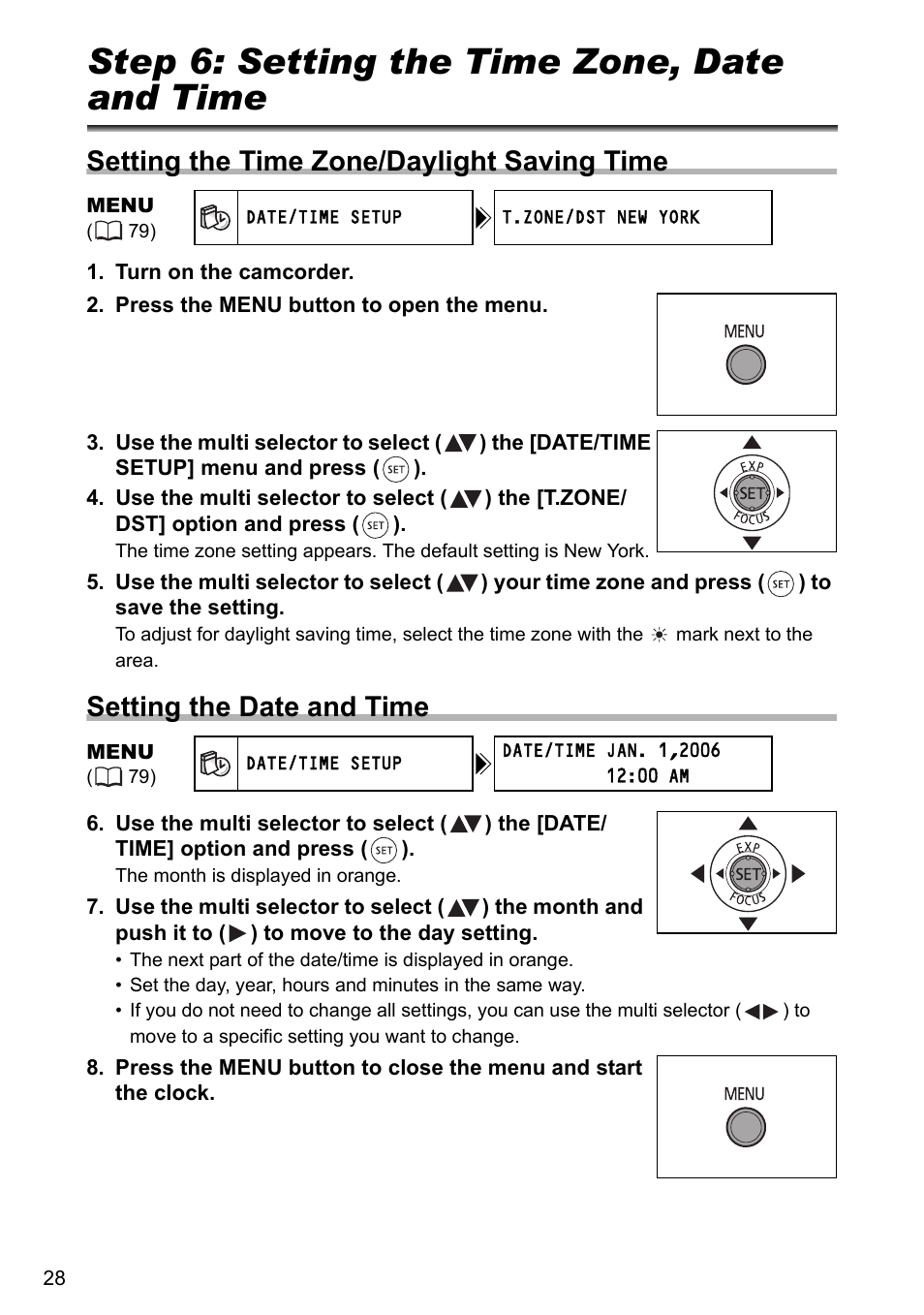 Step 6: setting the time zone, date and time, Setting the time zone/daylight saving time, Setting the date and time | Canon DC40 User Manual | Page 28 / 144