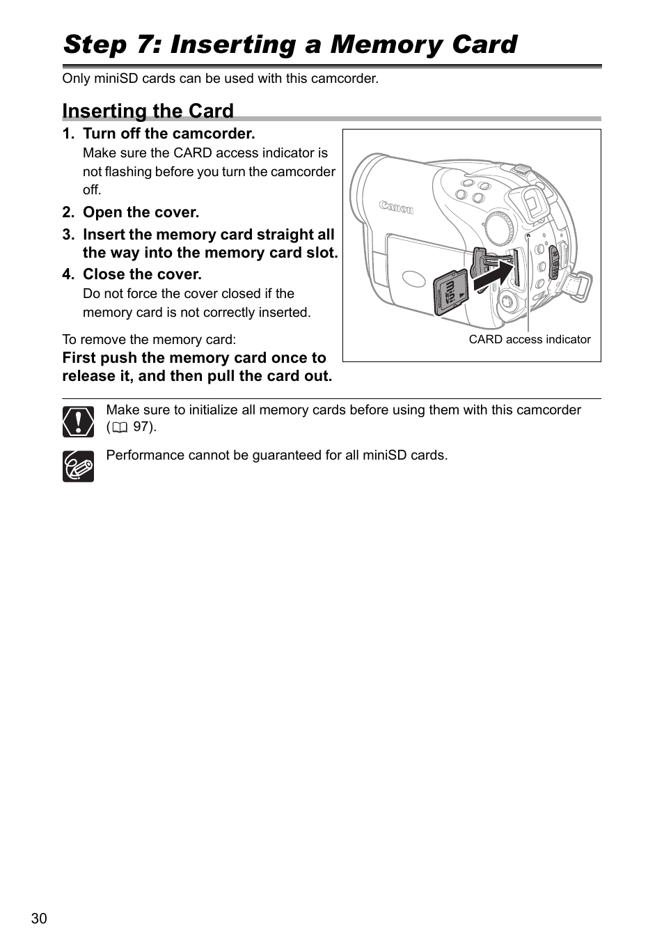 Step 7: inserting a memory card, Inserting the card | Canon DC40 User Manual | Page 30 / 144