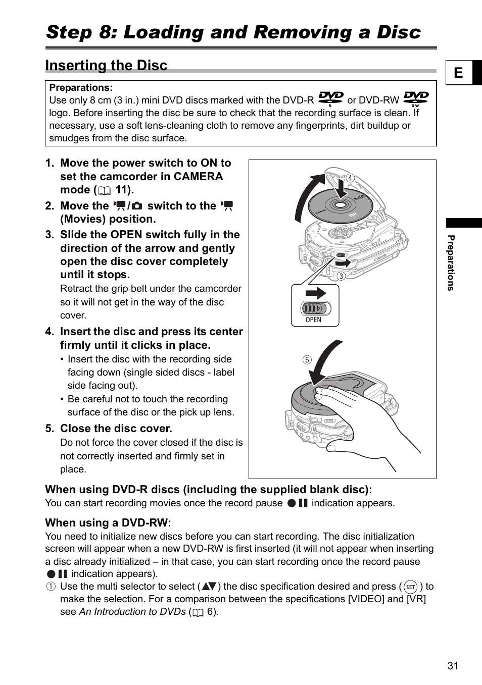 Step 8: loading and removing a disc, Inserting the disc | Canon DC40 User Manual | Page 31 / 144