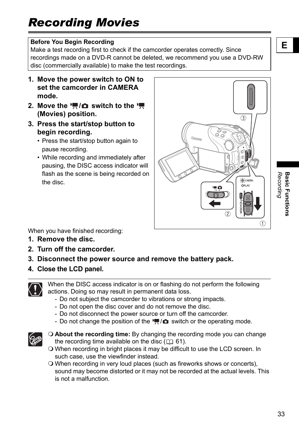 Basic functions, Recording, Recording movies | Canon DC40 User Manual | Page 33 / 144