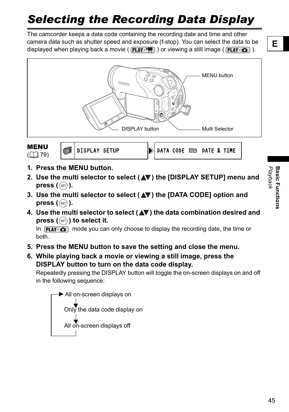 Selecting the recording data display | Canon DC40 User Manual | Page 45 / 144