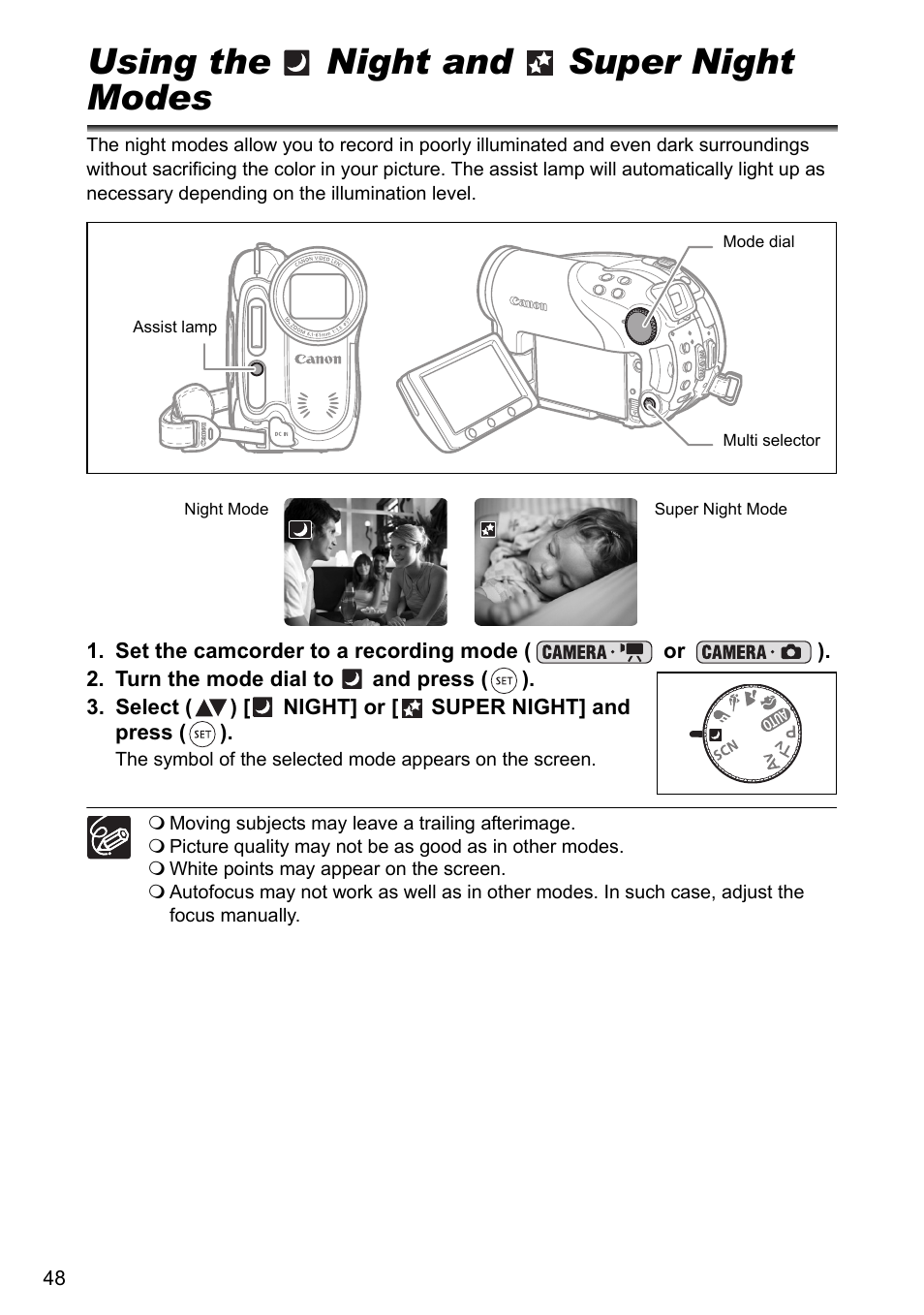 Using the night and super night modes, Using the | Canon DC40 User Manual | Page 48 / 144