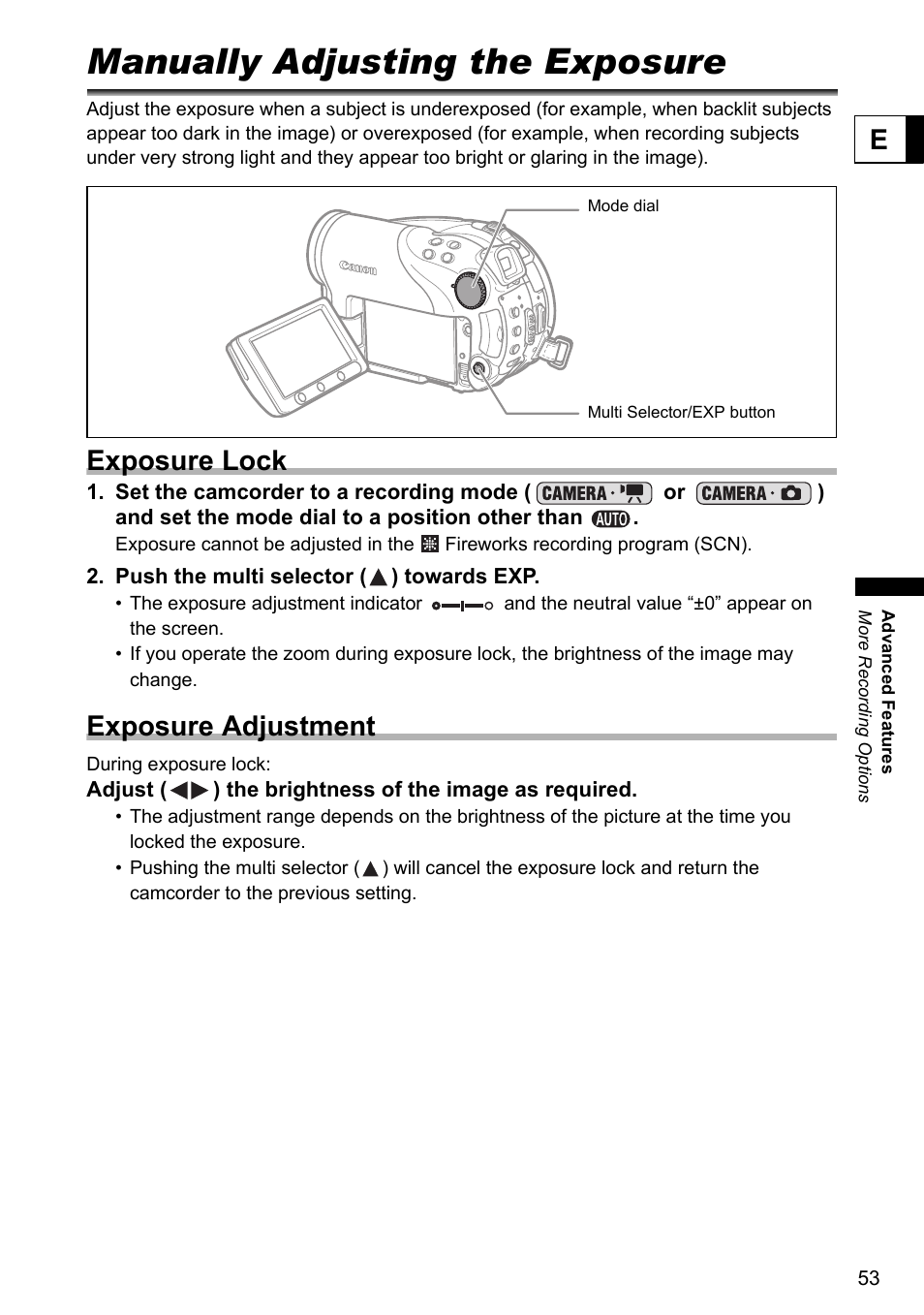 More recording options, Manually adjusting the exposure, Exposure lock | Exposure adjustment | Canon DC40 User Manual | Page 53 / 144