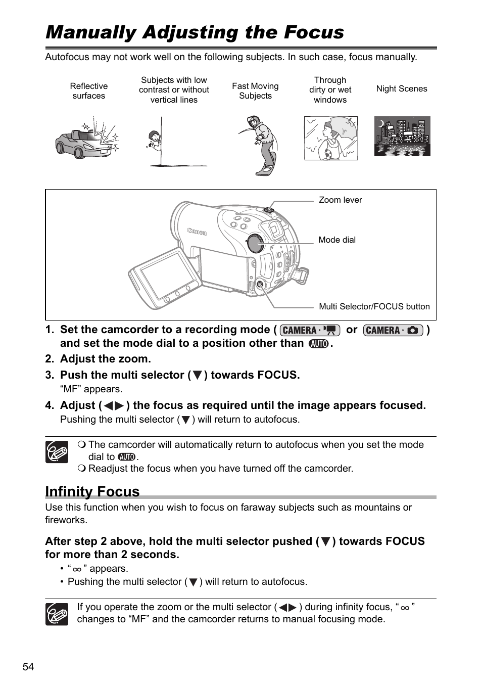 Manually adjusting the focus, Infinity focus | Canon DC40 User Manual | Page 54 / 144