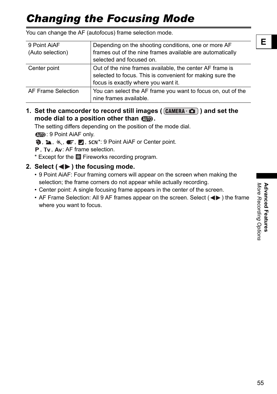 Changing the focusing mode | Canon DC40 User Manual | Page 55 / 144