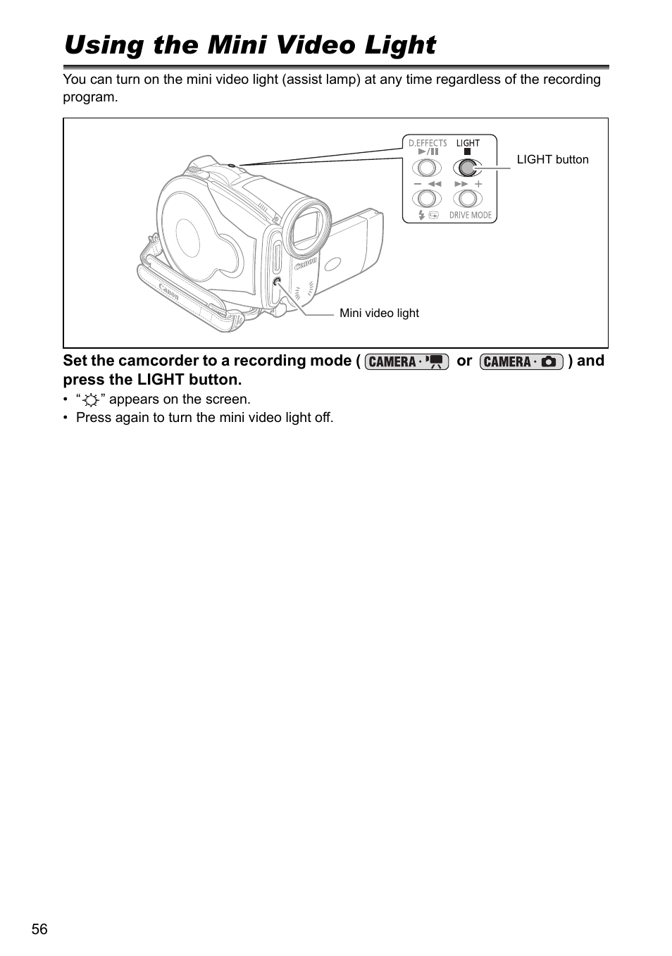 Using the mini video light | Canon DC40 User Manual | Page 56 / 144